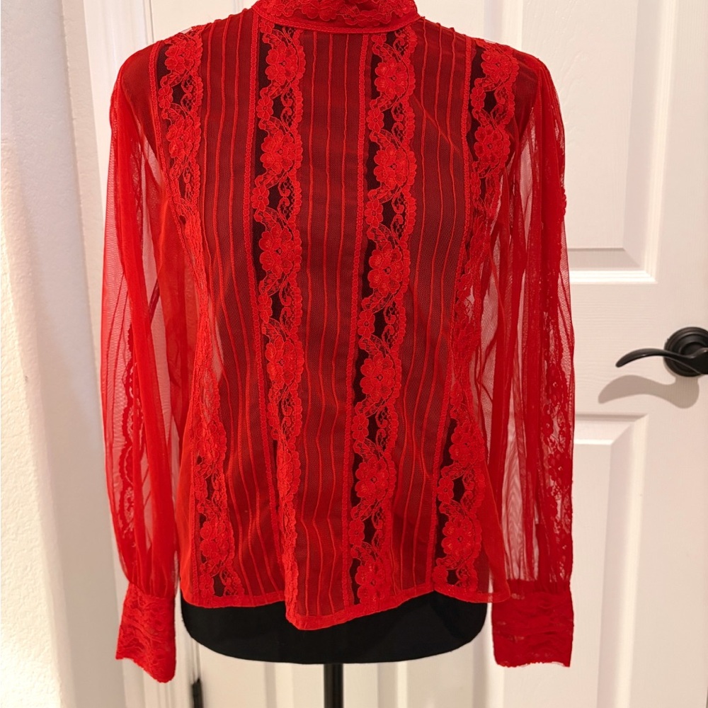 Topshop Red Elegant Sheer Lace Blouse Top Button Down